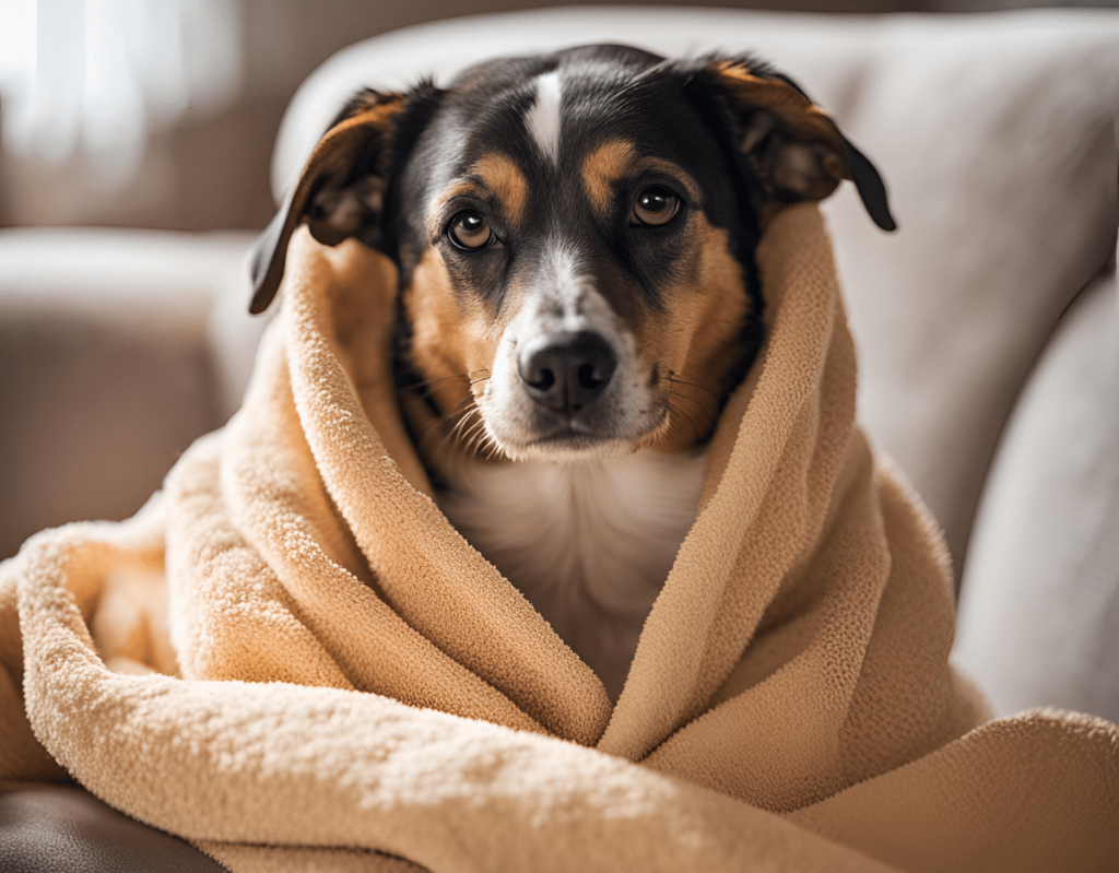 Dog wrapped in Blanket