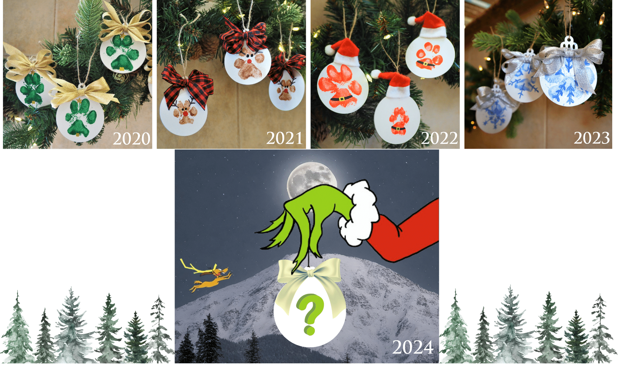 Photo compilation of each ornament made from 2020 with 2024 being a question mark.